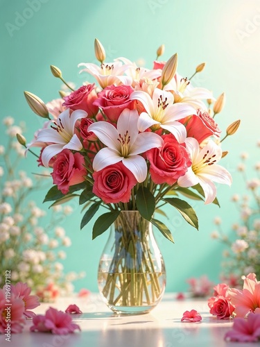 Wallpaper Mural Illustration of a bouquet of pink roses and white lilies in a glass vase on a blue background Torontodigital.ca