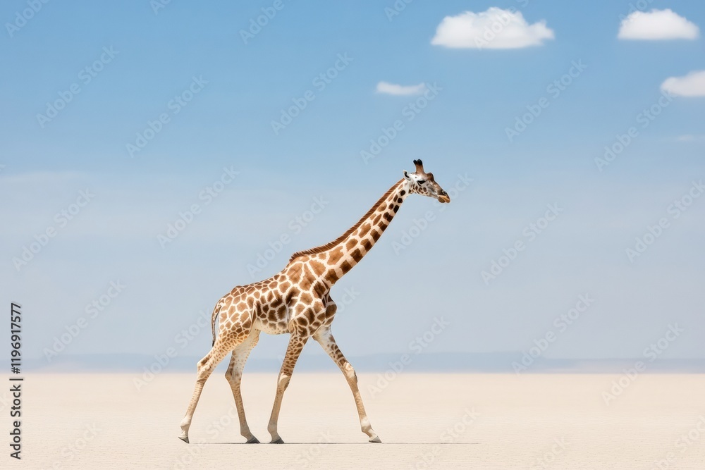 Obraz premium A Giraffe Walking Across a Vast, White Desert Under a Clear Blue Sky.