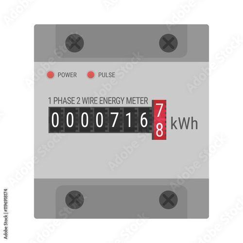 1 phase 2 wire energy meter for DIN rail mount. Power consumption monitor with mechanical counter. Vector illustration isolated on white