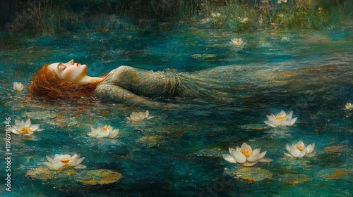 Modern Ophelia Interpretation, Red-Haired Woman Drowned in Lily Pond, Silk Gown, White Lotus Blossoms, Fantasy Art, Soft Focus, Dreamlike Atmosphere