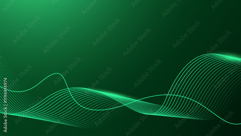 Abstract shining wave lines on dark green background. Dynamic wave pattern. Futuristic technology concept.