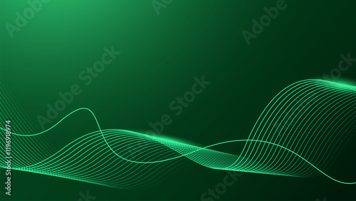 Abstract shining wave lines on dark green background. Dynamic wave pattern. Futuristic technology concept.