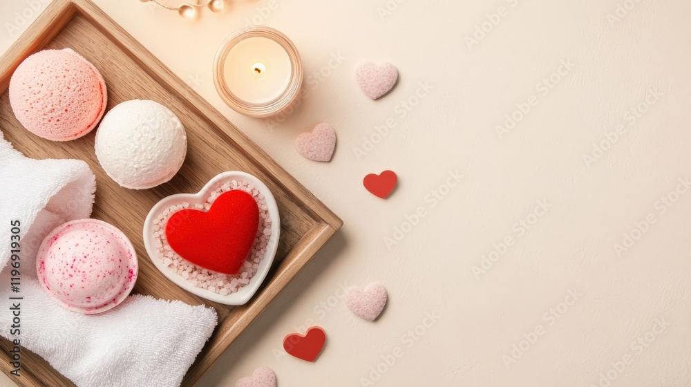 Romantic Spa Setting with Heart-Shaped Accessories and Colorful Bath Products on a Light Background Romantic Spa Setting with Heart-Shaped Accessories and Colorful Bath Products on a Light Background