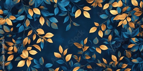 Seasonal autumn leaves pattern in gold and brown on a blue background for wallpaper, textile design or print.