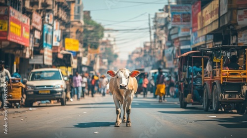 Sacred Cow on Busy Indian Street, City Traffic, Urban India