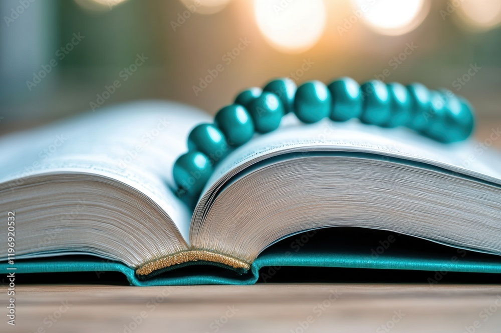Fototapeta premium Open book with turquoise beads, symbolizing knowledge and spirituality