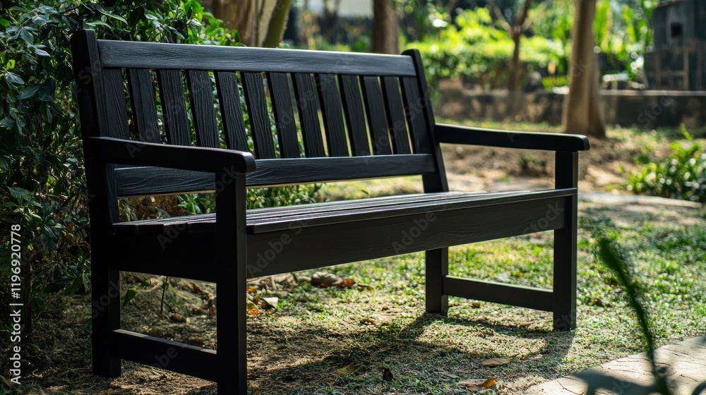 Black Wooden Garden Bench in a Serene Green Park Setting Black Wooden Garden Bench in a Serene Green Park Setting