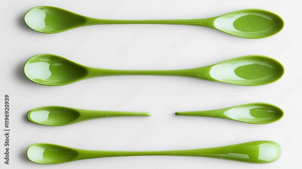 A child's green plastic spoon shown in various perspectives, including side and top views, on a white background A child's green plastic spoon shown in various perspectives, including side and top views, on a white background