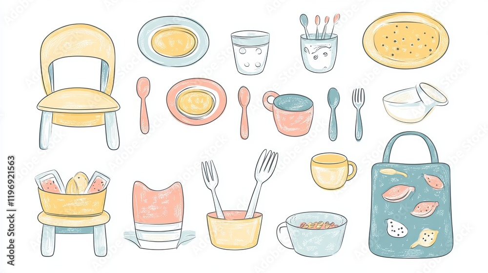 A complete children's tableware set, including a highchair, apron, non-spill glass, dishes, utensils, and cereals, presented in a hand-drawn vector design A complete children's tableware set, including a highchair, apron, non-spill glass, dishes, utensils, and cereals, presented in a hand-drawn vector design