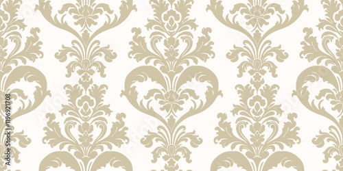 Damask seamless pattern. Luxury golden vector background. Elegant ornament in baroque, rococo, renaissance, revival style. Abstract gold and white texture with curly floral elements. Repeated design
