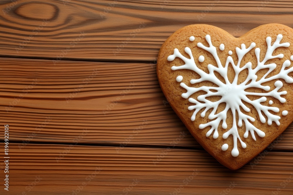 Heart-shaped gingerbread cookie decorated with white icing snowflake Heart-shaped gingerbread cookie decorated with white icing snowflake