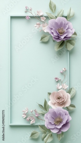 Pastel paper flowers frame, mint background, wedding invitation design
