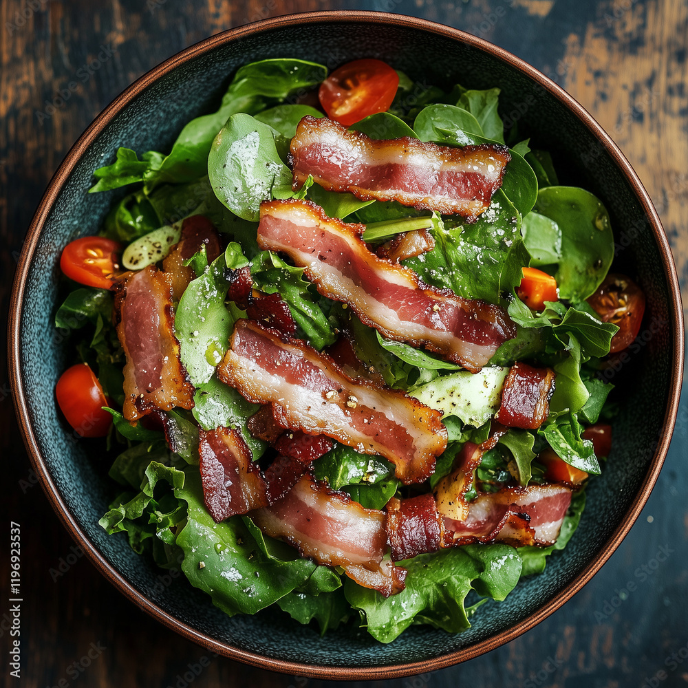 Top View of Salad with Greens, Vegetables, and Bacon Slices Top View of Salad with Greens, Vegetables, and Bacon Slices