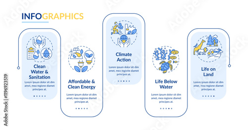 Ecosystem preservation rectangle infographic vector. Clean water, sanitation. Green energy. Data visualization with 5 steps. Editable rectangular options chart. Lato-Bold, Regular fonts used