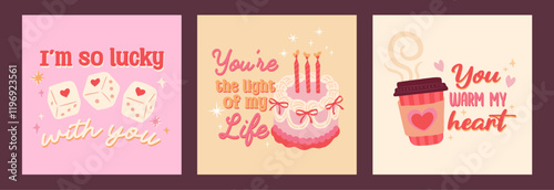 Collection of  Sweet Love Season and Valentines typography quote of dice, light and coffee vector illustration