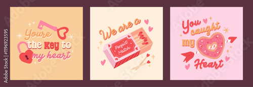 Collection of Sweet Love Season and Valentines typography quote of match, key and donut vector illustration