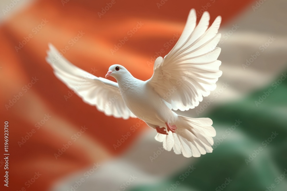 Fototapeta premium A white dove in flight against an Irish flag, symbolizing peace and freedom.