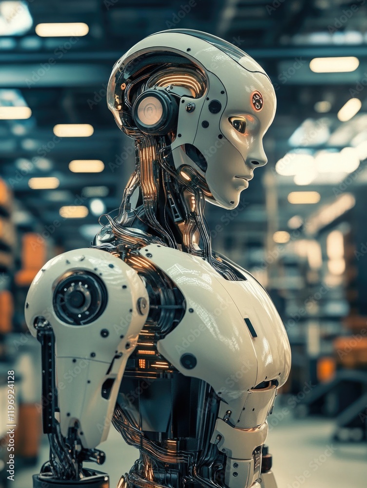 Fototapeta premium Robot with a white body and black head stands in a warehouse. The robot is wearing headphones and has a face on its chest. The robot appears to be in a factory setting