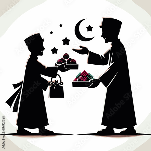 Eid Day People Giving Sweets Vector Black Silhouette Cricut Design for T-Shirt