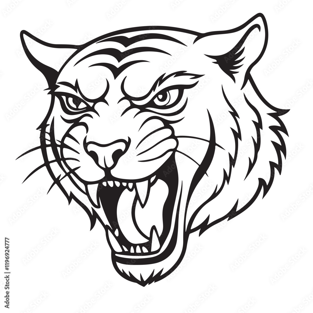 Angry tiger head with roaring mouth hand drawn sketch engraving style vector illustration.