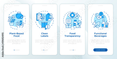 Food industry blue onboarding mobile app screen. Walkthrough 4 steps editable graphic instructions with linear concepts. UI, UX, GUI template. Montserrat SemiBold, Regular fonts used