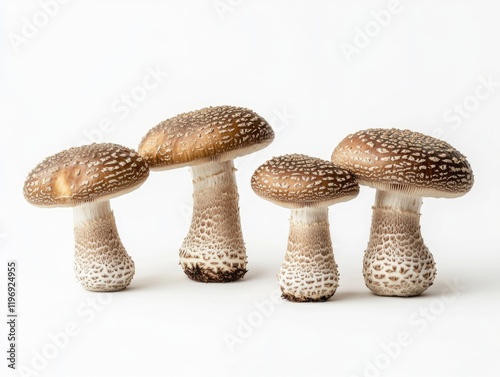 Three mushrooms of different species displayed against a light background. Some are edible, while others may be dangerous. photo