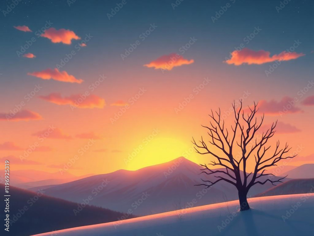 Fototapeta premium A winter landscape features a bare tree in silhouette against a sunset over distant mountains.