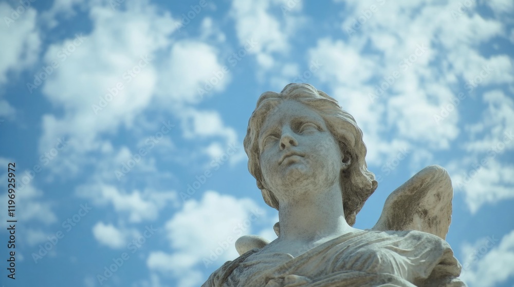 A beautiful statue of an angel stands against a bright blue sky A beautiful statue of an angel stands against a bright blue sky