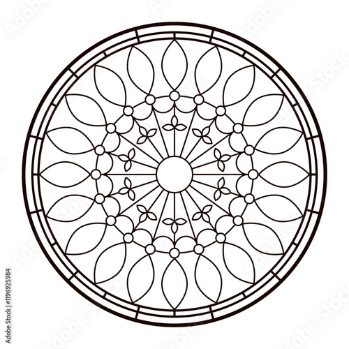 Line art Church glass window. Colouring page for adult. 