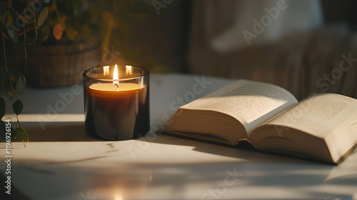 Wallpaper Mural A lit candle and an open book rest on a marble surface, bathed in warm sunlight. A peaceful, cozy scene. Torontodigital.ca