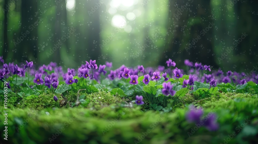 Obraz premium Purple wild flowers bloom on a mossy forest floor under soft sunlight filtering through trees.