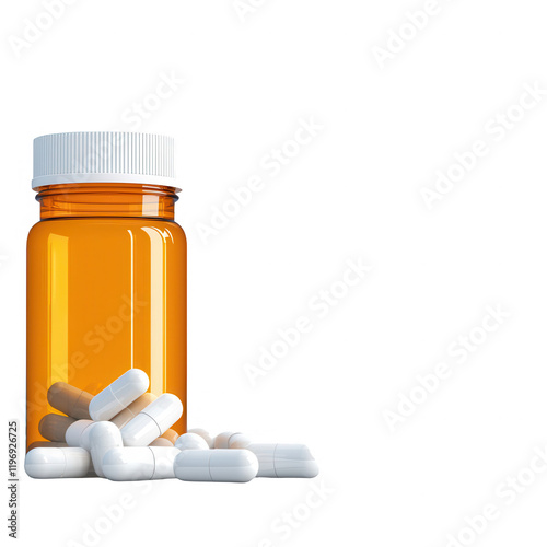 A clear bottle of white capsules representing medicine and healthcare concepts., isolated on a transparent background.