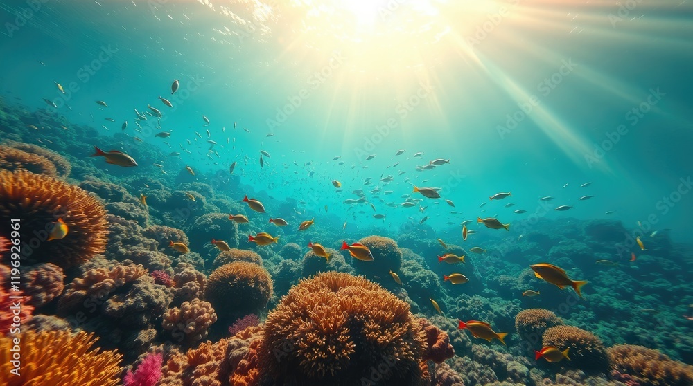 Obraz premium underwater scene featuring a vibrant coral reef and exotic fish, illuminated by epic, lens-glow lighting, showcasing a modern