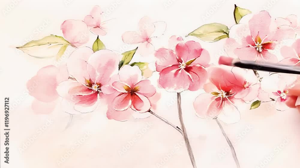 painted cherry watercolor illustration blossoms hand design flower illustration sum cherry blossom watercolor analog art background beautiful bleed blossom bright card cherry circle copy space cute