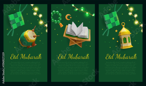 Happy Eid Mubarak vector posters set, 3D design with green Ketupat, crescent moon, beads and Koran book, Islamic symbols