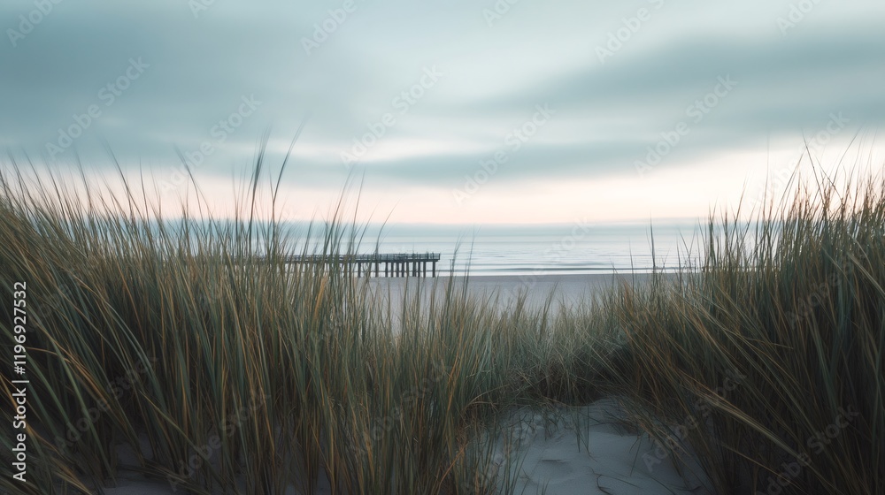 Beach grass blowing in the wind with pier in background on cloudy day Beach grass blowing in the wind with pier in background on cloudy day