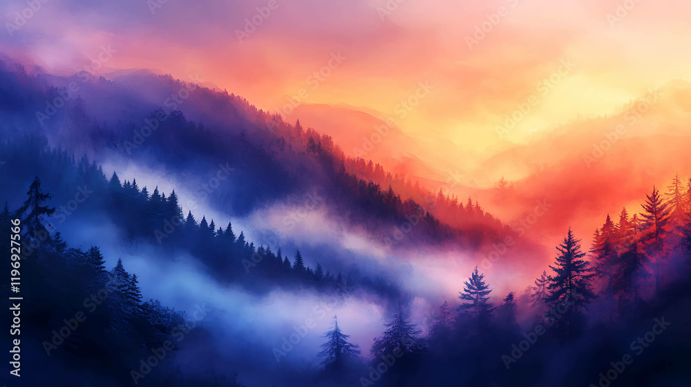 Obraz premium Mountain landscape during sunrise with mist and glowing light