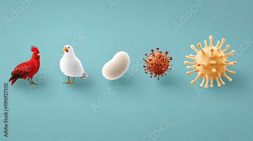 Avian Flu monitoring concept. A colorful illustration featuring a rooster, a hen, an egg, a bacterial cluster, and a virus, highlighting the connection between animals and microorganisms.