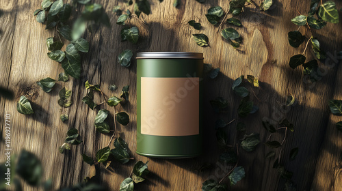 A deep green tin can mockup with an eco friendly kraft paper label, surrounded by small leaves on a natural wood surface.