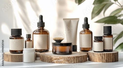 Skincare products on wooden slices.