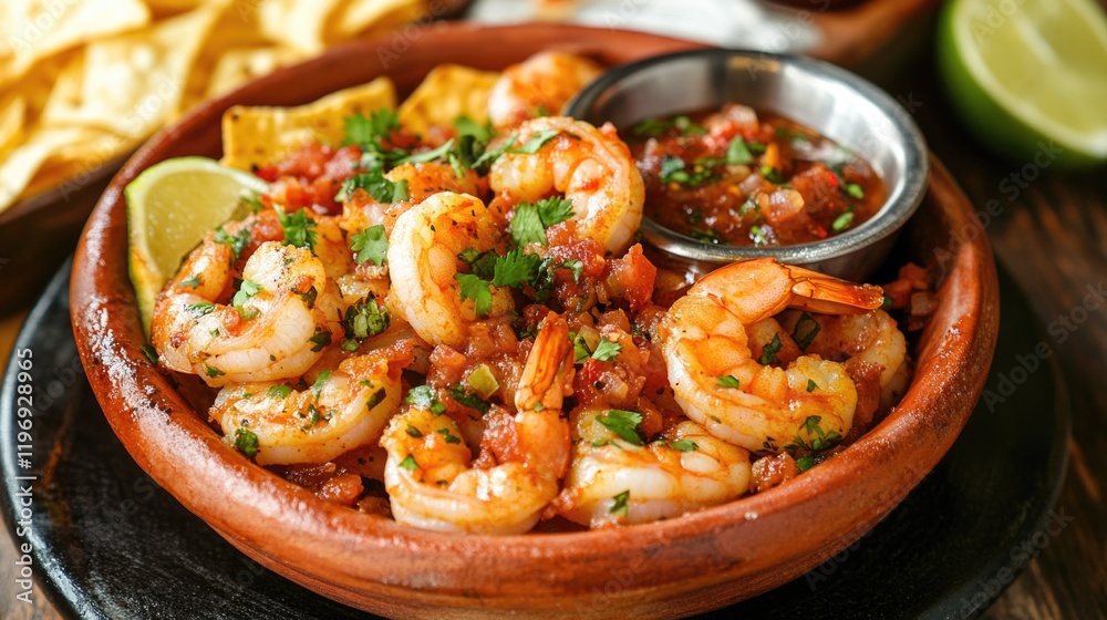 Bowl of shrimp and lime is served on a wooden table. The shrimp is covered in a spicy sauce and garnished with cilantro. The bowl is placed on a black plate Bowl of shrimp and lime is served on a wooden table. The shrimp is covered in a spicy sauce and garnished with cilantro. The bowl is placed on a black plate