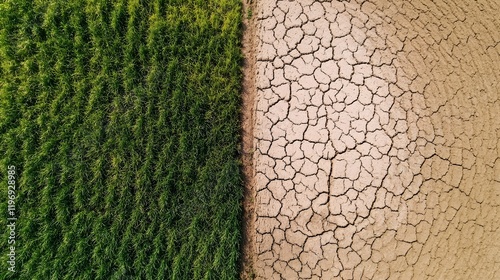 Aerial View Lush Green Field Dry Cracked Earth Drought Contrast Nature Agriculture Landscape Photography Environmental Issues Global Warming Climate Change eco 