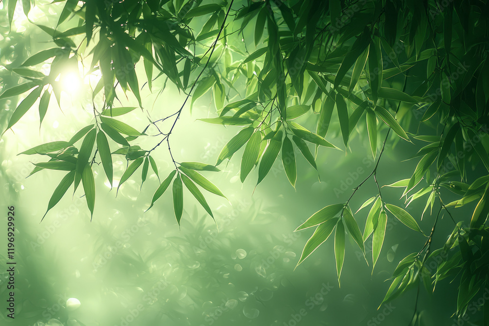 Obraz premium Close-up of bamboo foliage veiled by a gentle mist, highlighted by diffused light, creating a tranquil and meditative visual effect,