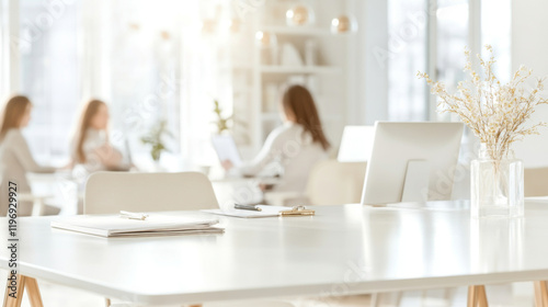 Modern office with women working in a bright setting, ideal for background