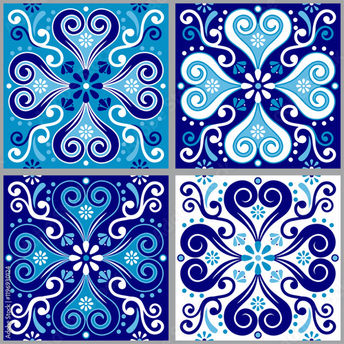 Lisbon style Azulejo tile seamless vector navy blue pattern, elegant decorative design inspired by art from Portugal with floral and geometric motif
