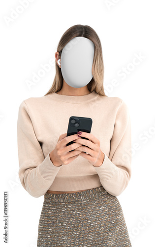 Woman in beige sweater and skirt holding a smartphone with an unrecognisable face, wearing earbuds, standing against a solid background. Concept of anonymity