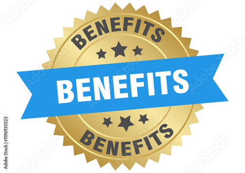 benefits. benefits round blue and gold label isolated on transparent background