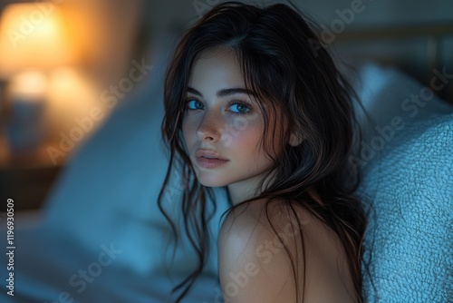 A beautiful young woman relaxing on top of a bed, perfect for lifestyle or editorial use