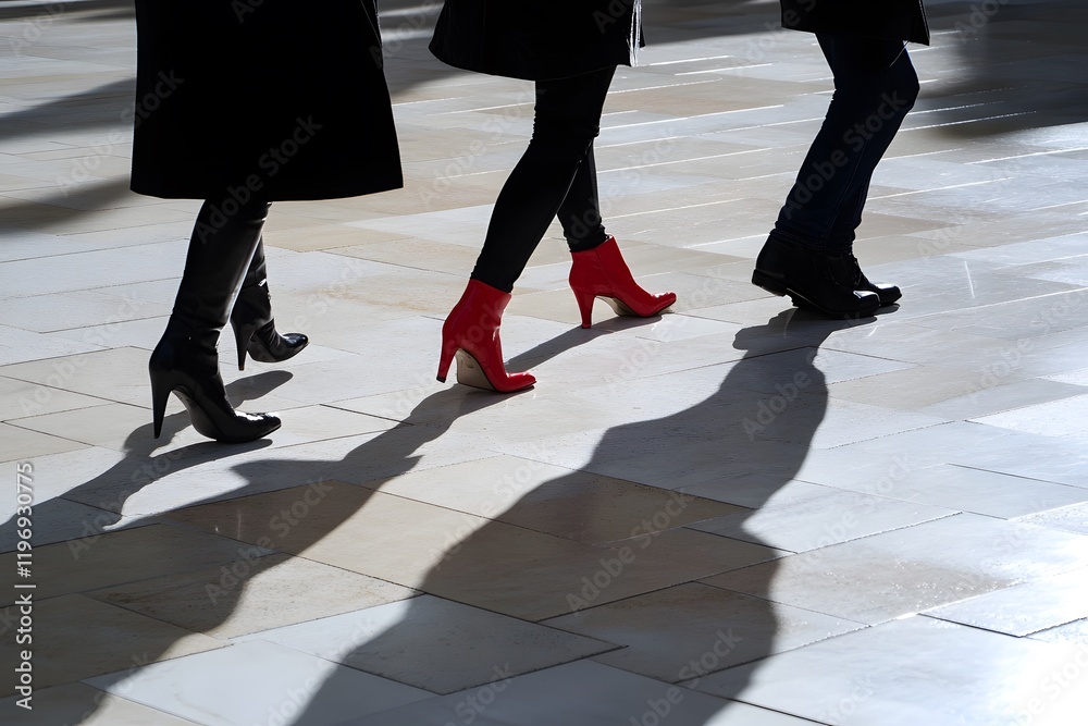 Women Walking Red Boots Black Boots High Heels Shadows City Street Fashion Style Women Walking Red Boots Black Boots High Heels Shadows City Street Fashion Style