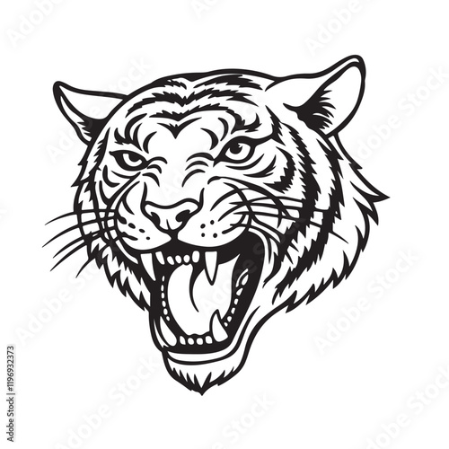 Angry tiger head with roaring mouth hand drawn sketch engraving style vector illustration.